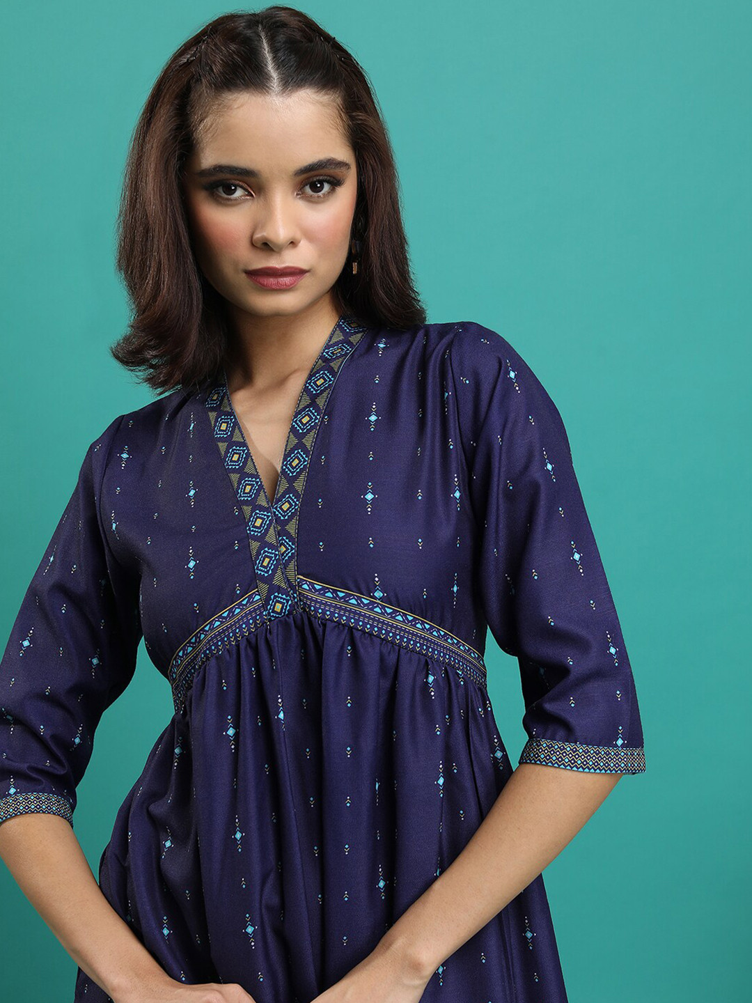 

Vishudh Blue Ethnic Motif Printed Empire Midi Dress, Navy blue