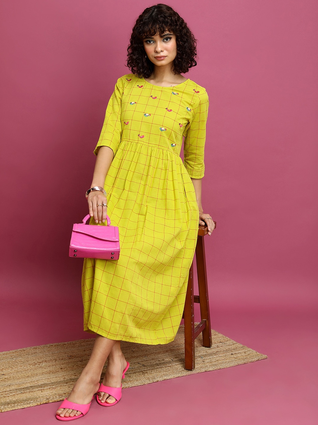 

Vishudh Yellow Checked Cotton A-Line Midi Dress, Lime green