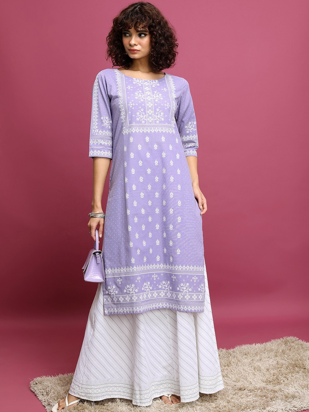 

Vishudh Lavender Ethnic Motifs Printed Round Neck Pure Cotton Kurta & Skirt