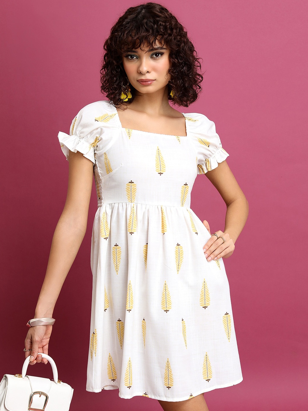 

Vishudh Print Flutter Sleeve Fit & Flare Mini Dress, White