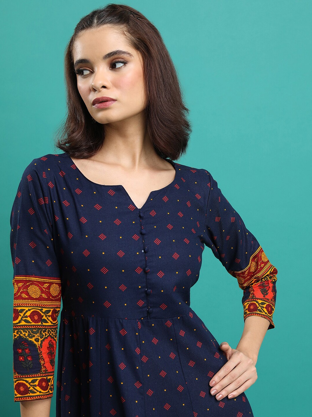 

Vishudh Navy Blue Ethnic Motifs Printed Notched Neck Maxi Dress