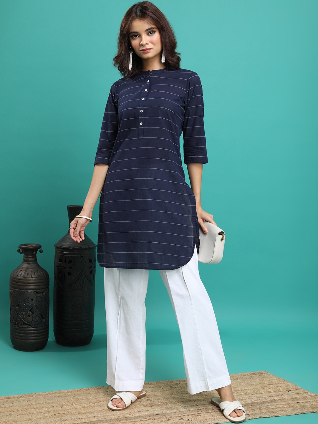 

Vishudh Striped Mandarin Collar Cotton Tunic, Navy blue
