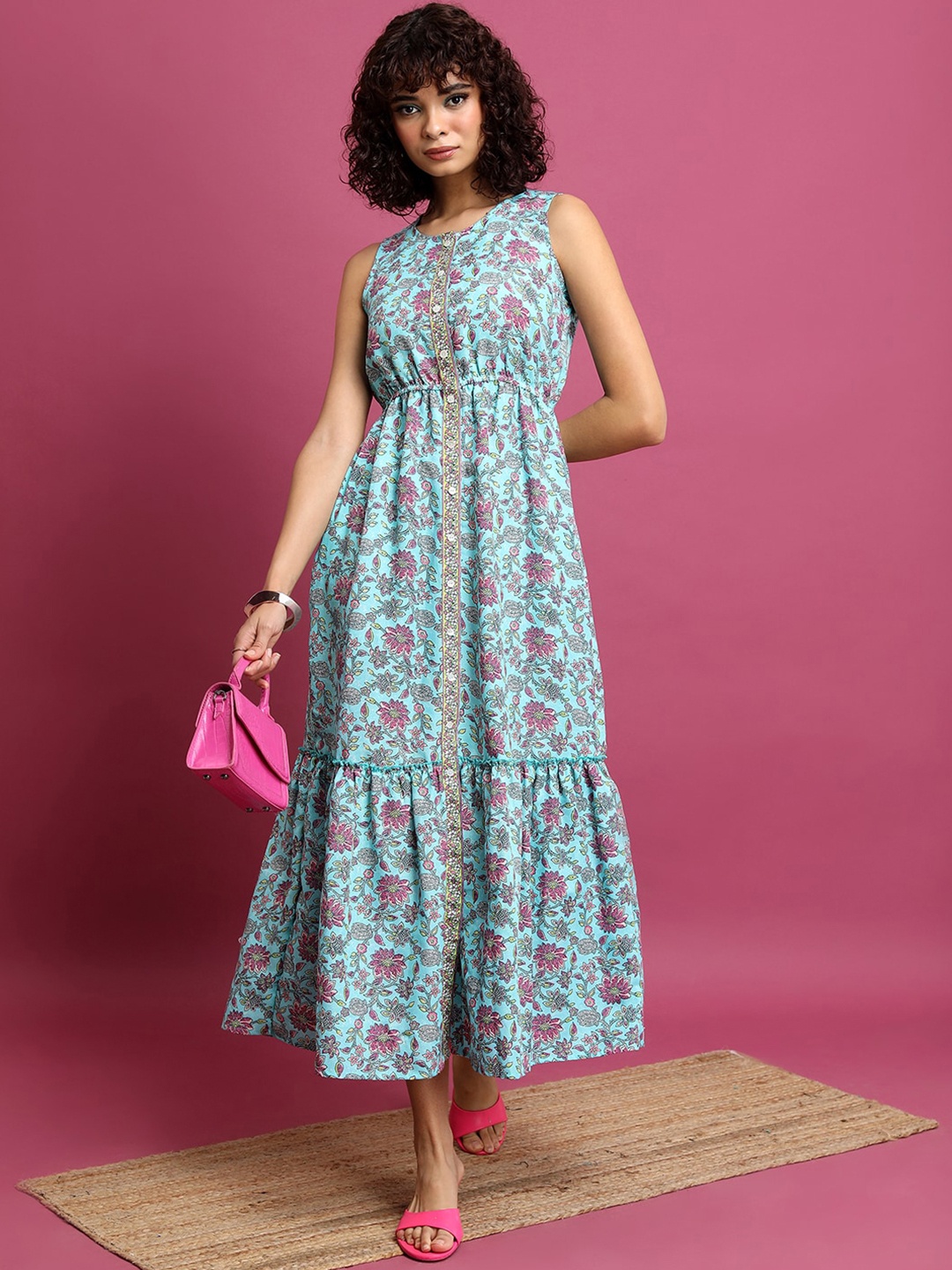 

Vishudh Blue Floral Printed Gathered or Pleated Midi Dress