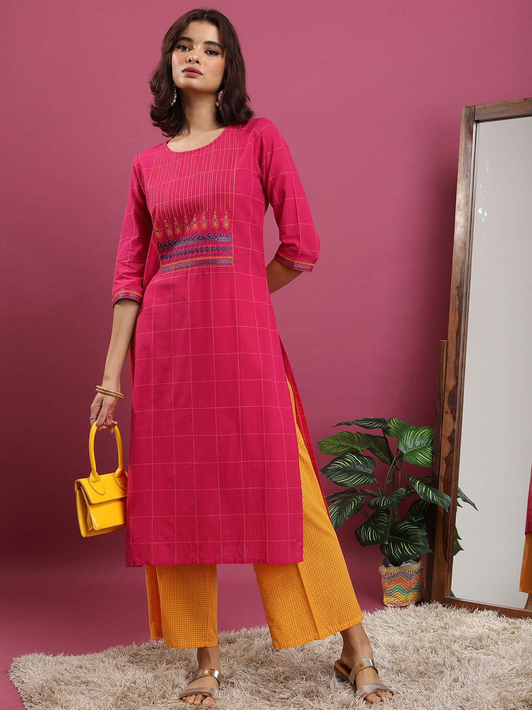 

Vishudh Pink Ethnic Motifs Embroidered Pure Cotton Kurta With Palazzos