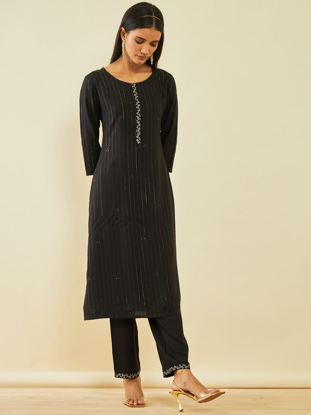 

Soch Striped Round Neck Thread Work Straight Kurta with Trousers, Black