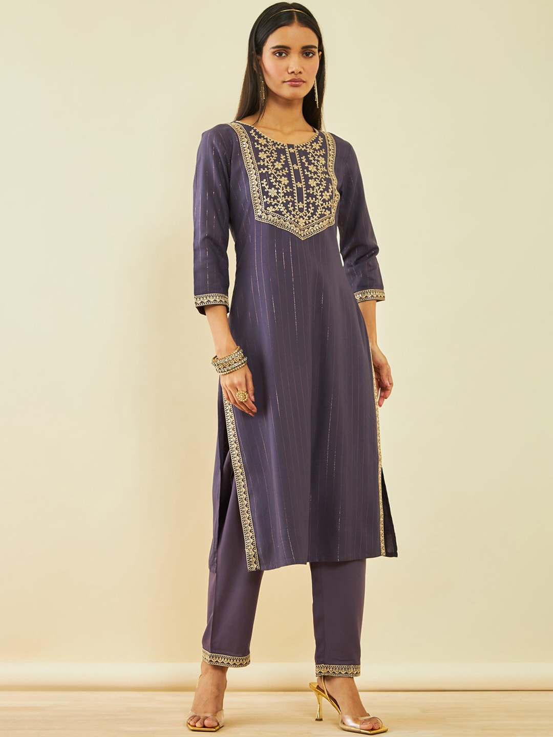 

Soch Ethnic Motifs Embroidered Yoke Sequinned Straight Kurta with Trousers, Purple