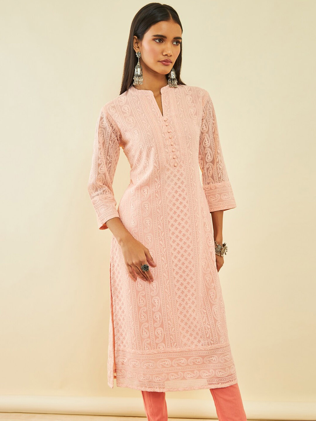 

Soch Peach-Coloured Paisley Embroidered Thread Work Georgette Straight Kurta