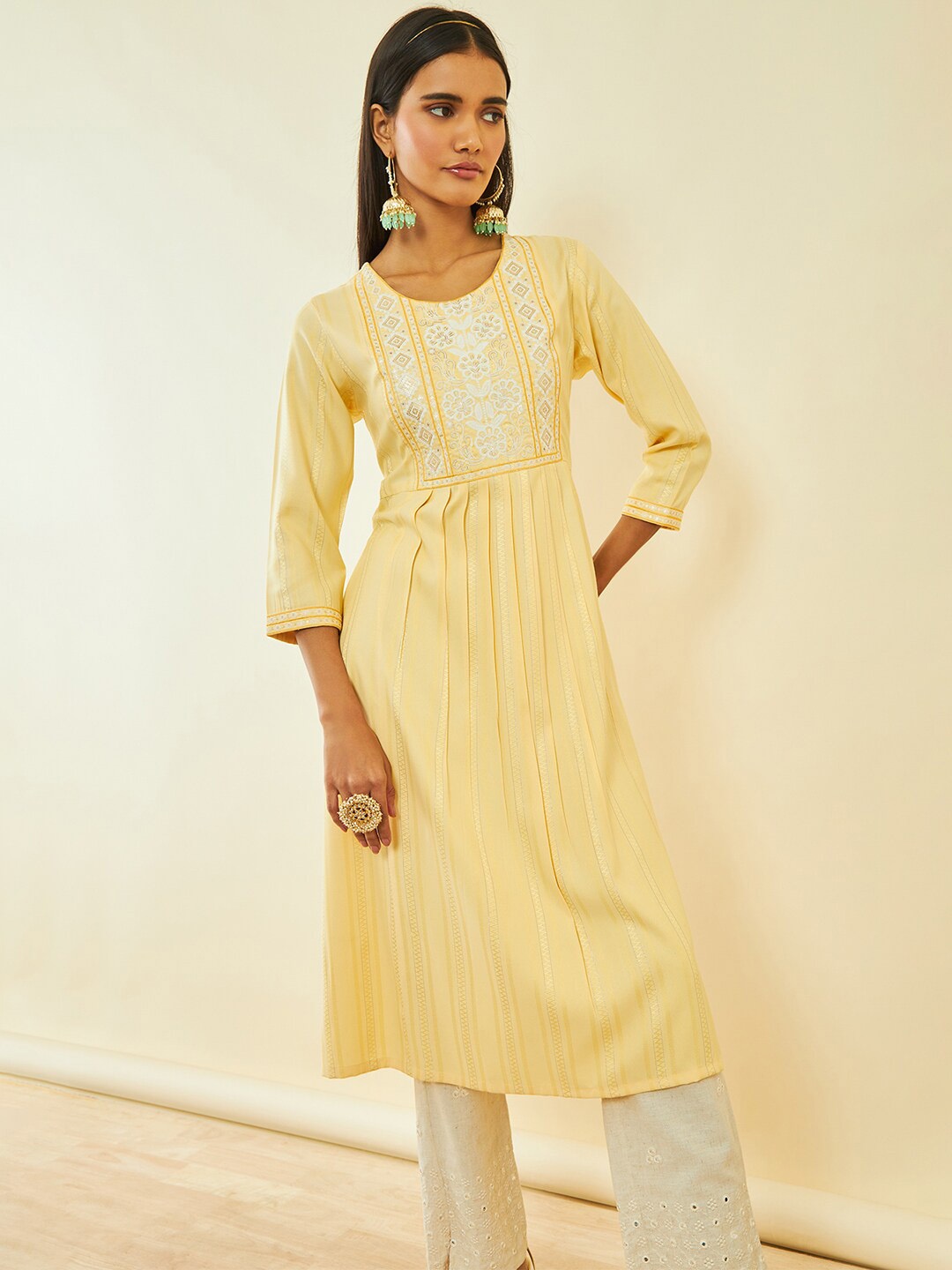 

Soch Yellow Striped Embroidered Beads and Stones Straight Kurta