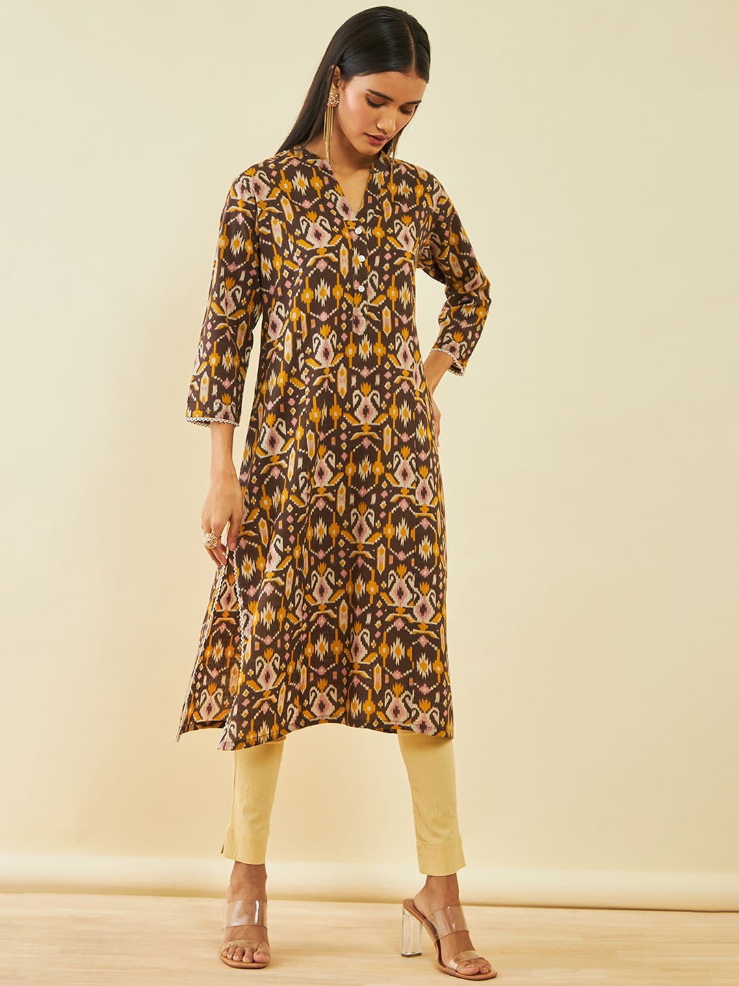 

Soch Ethnic Motifs Printed Mandarin Collar Kurta, Brown