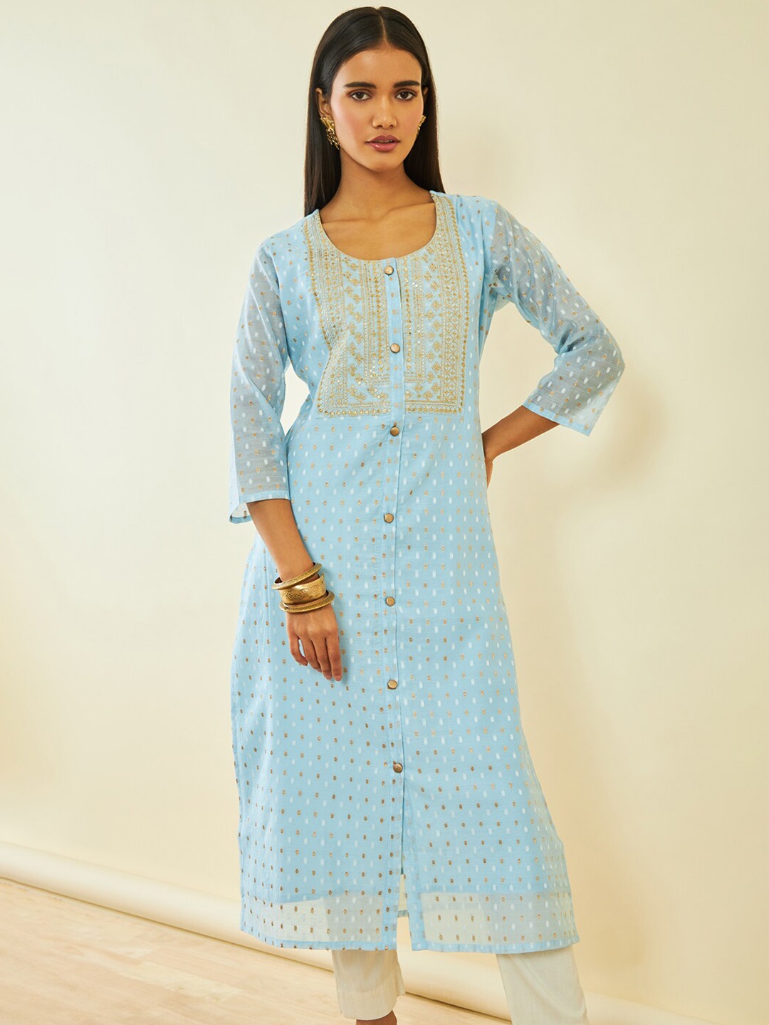 

Soch Blue Geometric Printed Sequinned Chanderi Silk A-Line Kurta