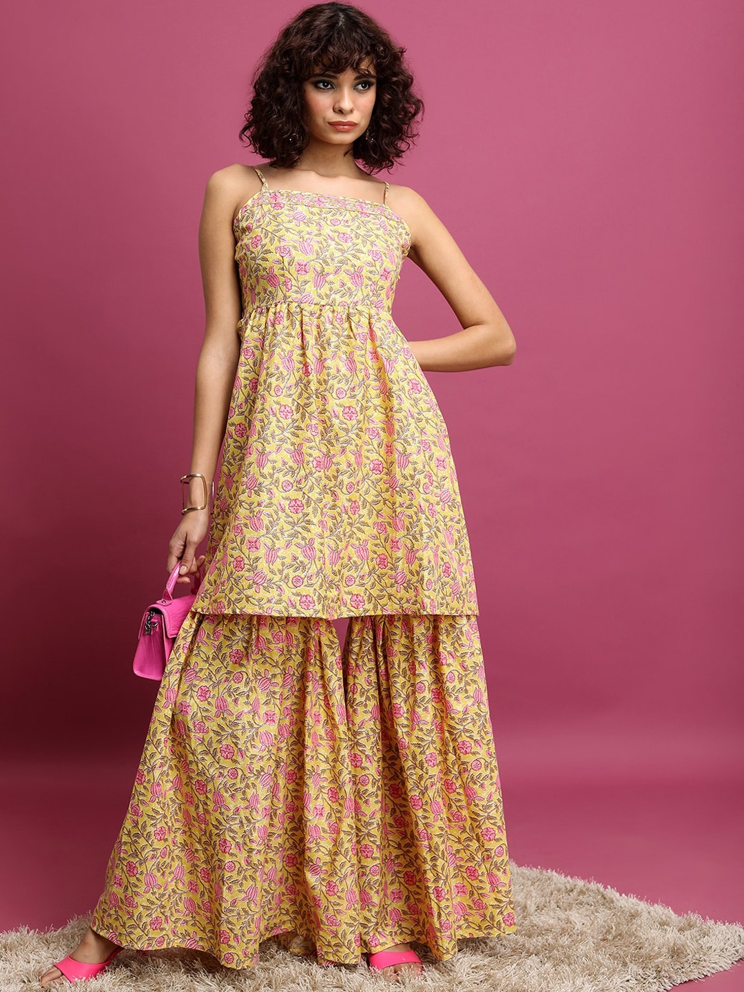 

KETCH Floral Printed Shoulder Straps Regular Kurti With Sharara, Yellow