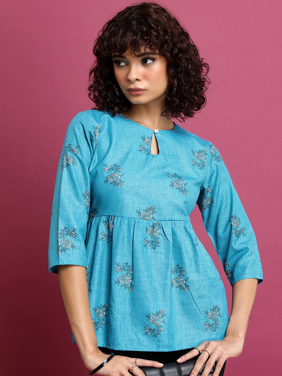 

KETCH Floral Printed Keyhole Neck A-Line Top, Blue