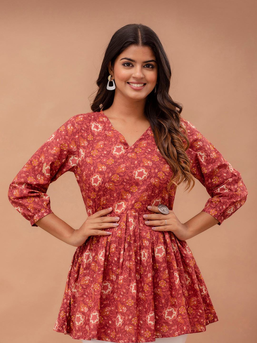 

FERANOID Floral Printed V-Neck Pure Cotton Pleated A-Line Kurti, Rust
