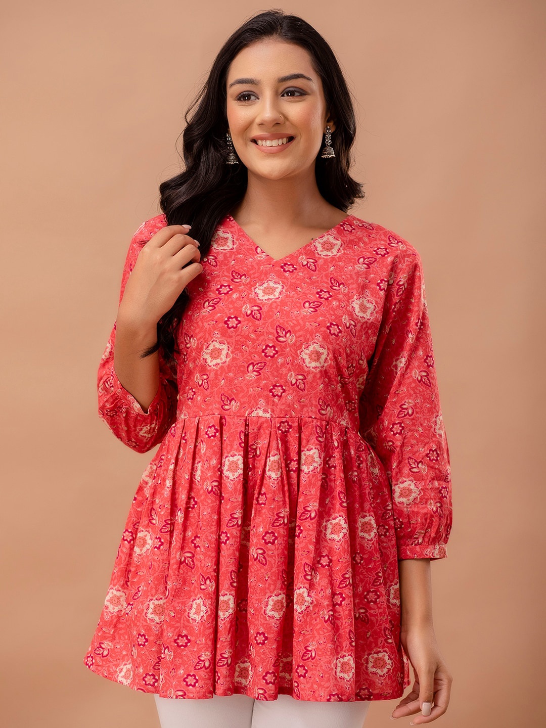 

FERANOID Floral Printed V-Neck Pure Cotton Pleated A-Line Kurti, Red