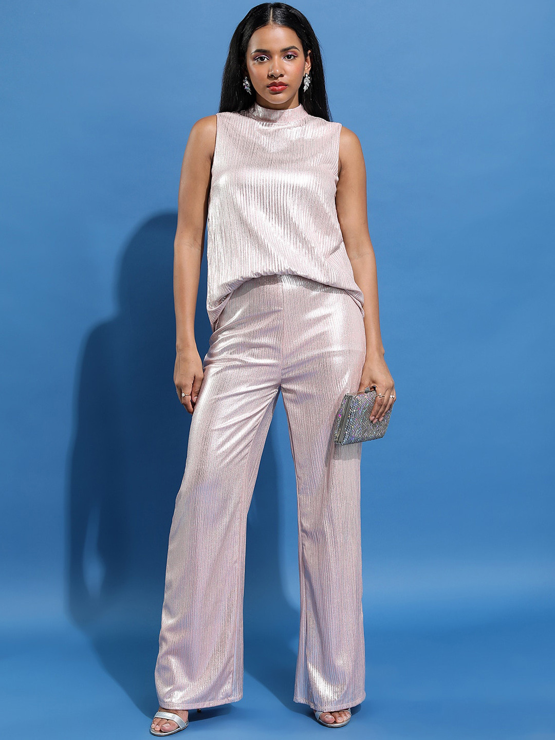 

Tokyo Talkies High Neck Self Design Shimmer Top With Mid Rise Flared Trousers, Cream