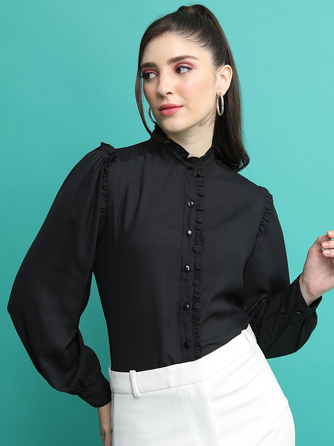 

Tokyo Talkies Black High Neck Ruffles Cuffed Sleeves Shirt Style Top
