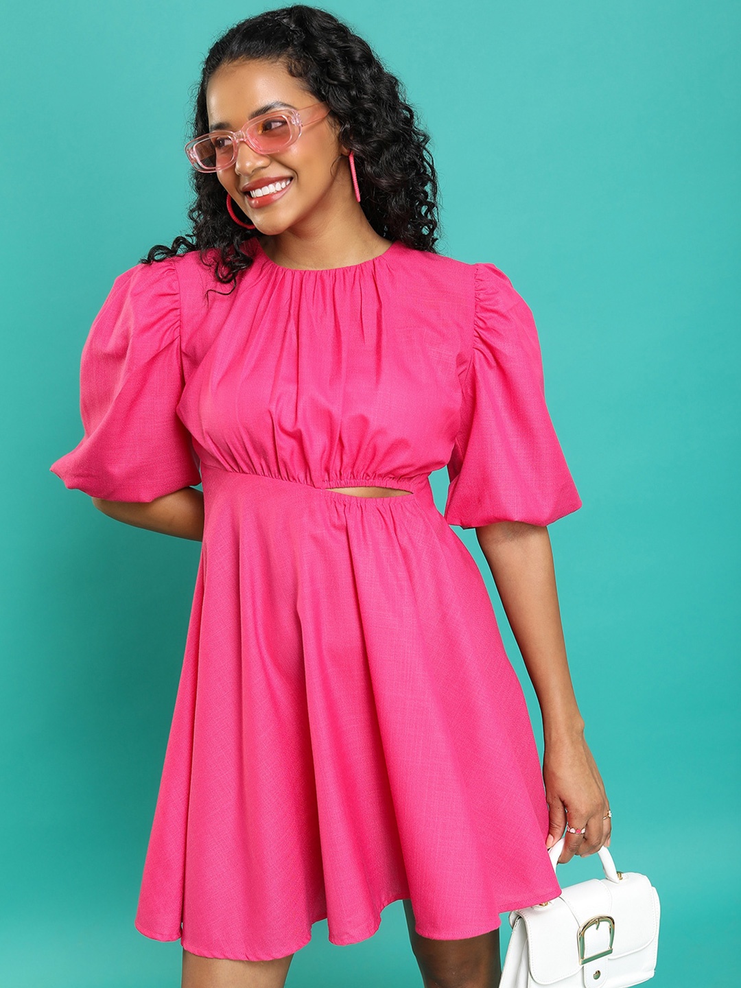 

Tokyo Talkies Pink Puff Sleeves Cut Outs Fit & Flare Dress