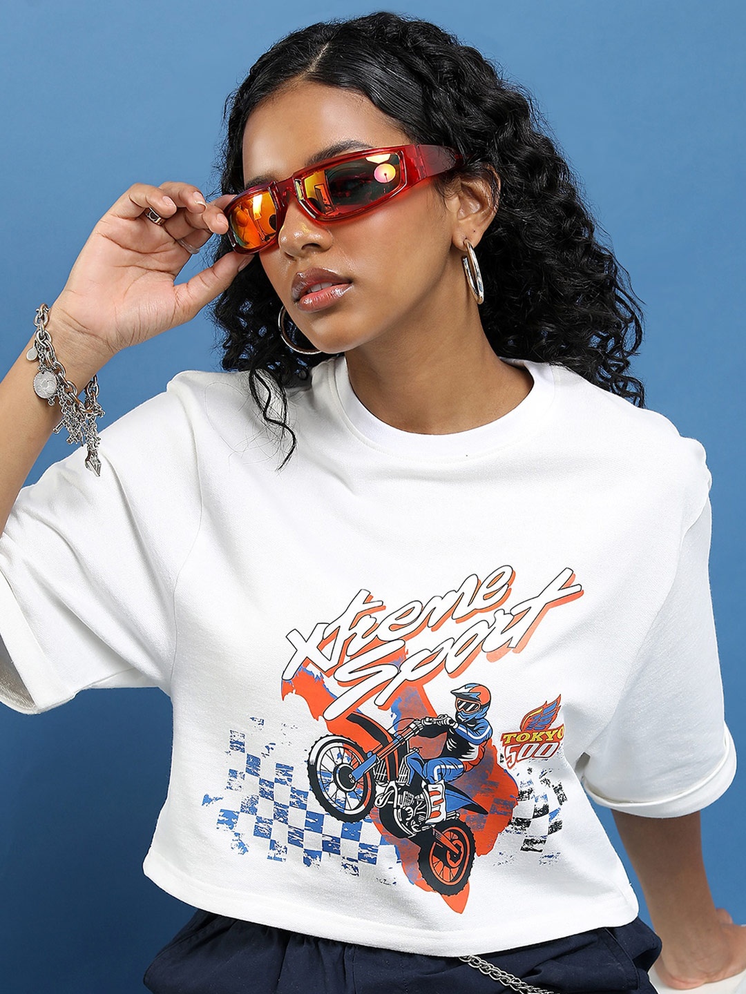 

Tokyo Talkies Typography Printed Drop-Shoulder Sleeves Boxy Crop Oversized T-shirt, White