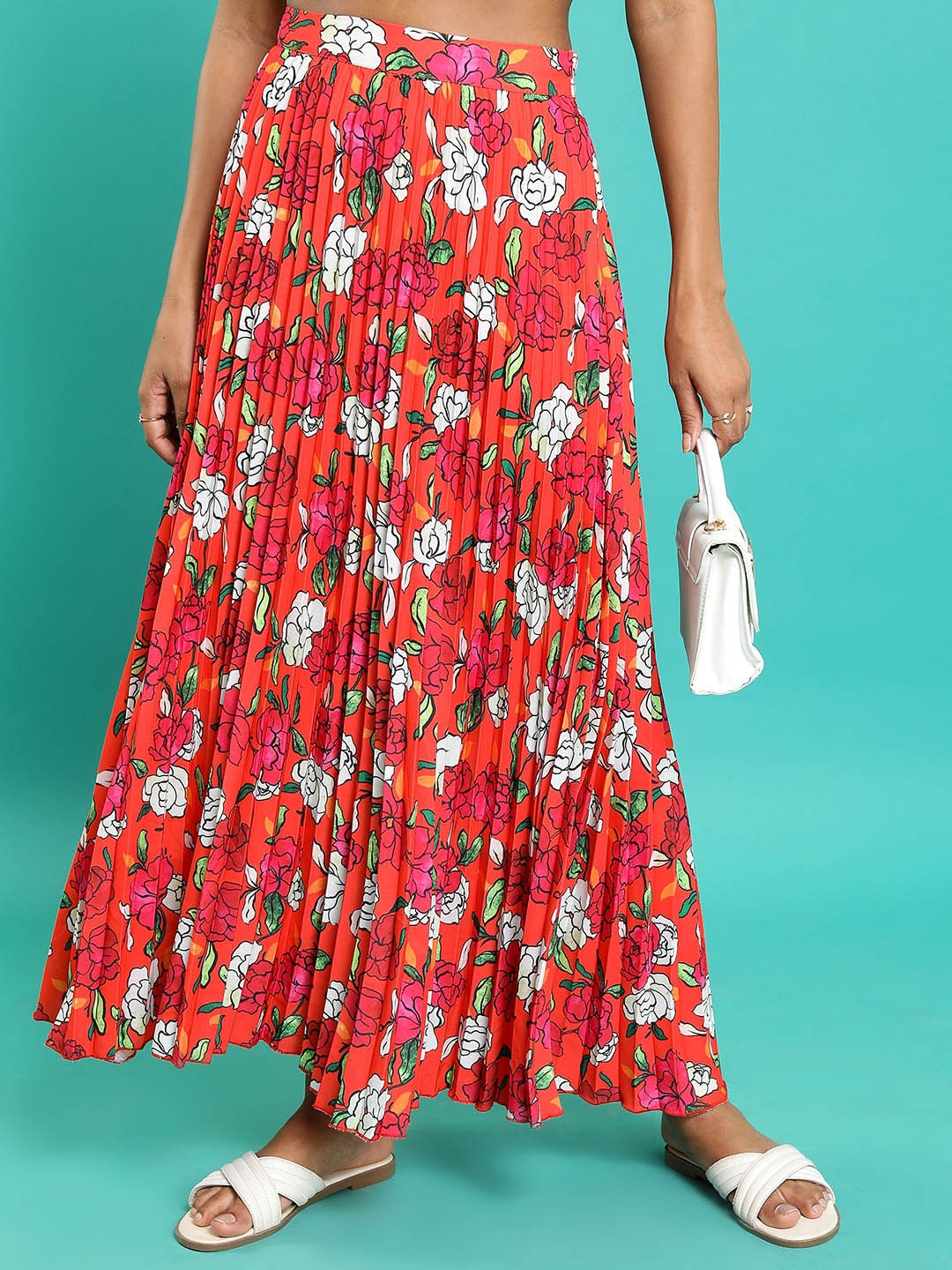 

Tokyo Talkies Floral Printed Pleated A-Line Maxi Skirt, Orange