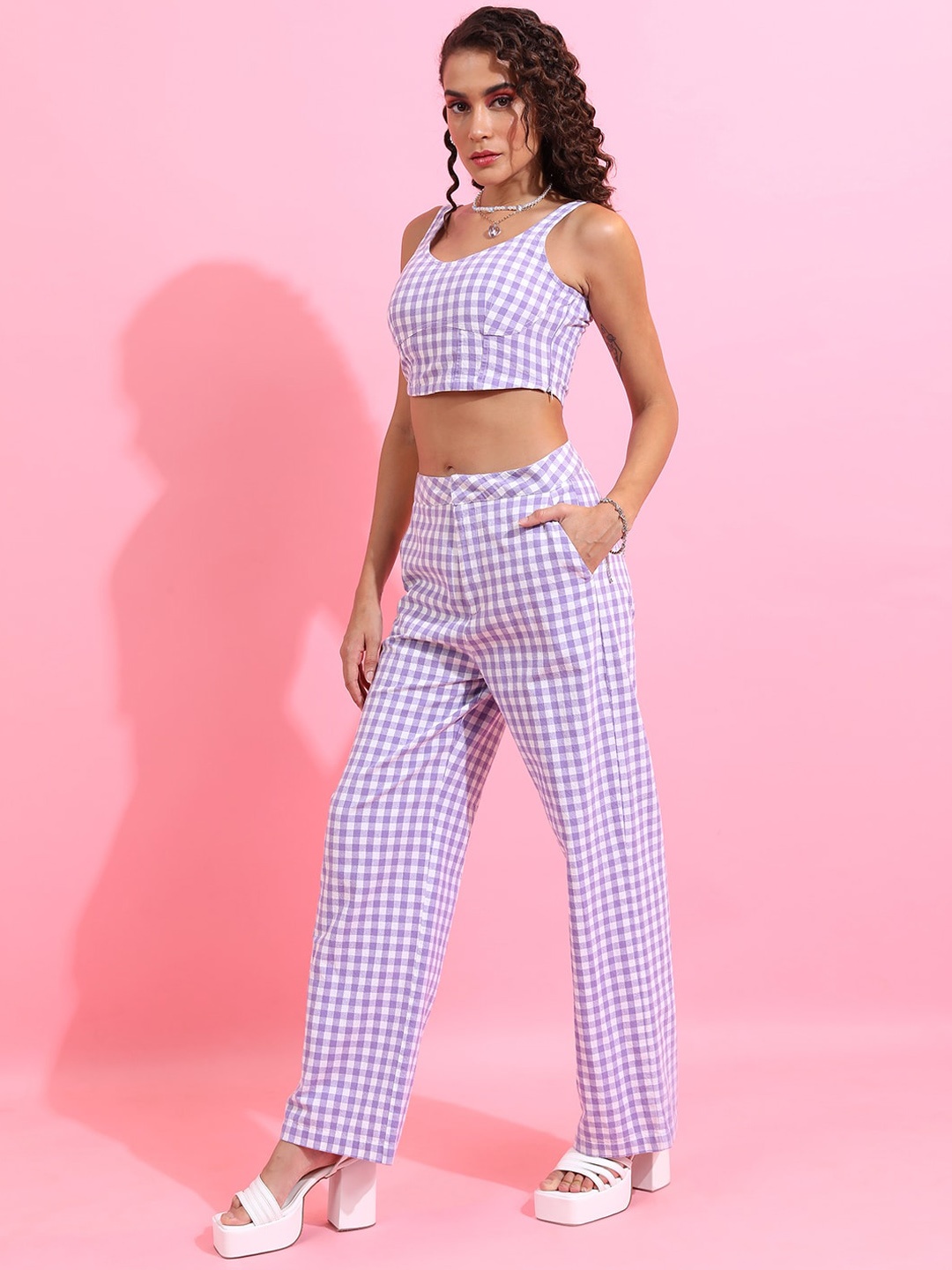 

Tokyo Talkies Checked Sleeveless Pure Cotton Crop Top With Trouser, Purple