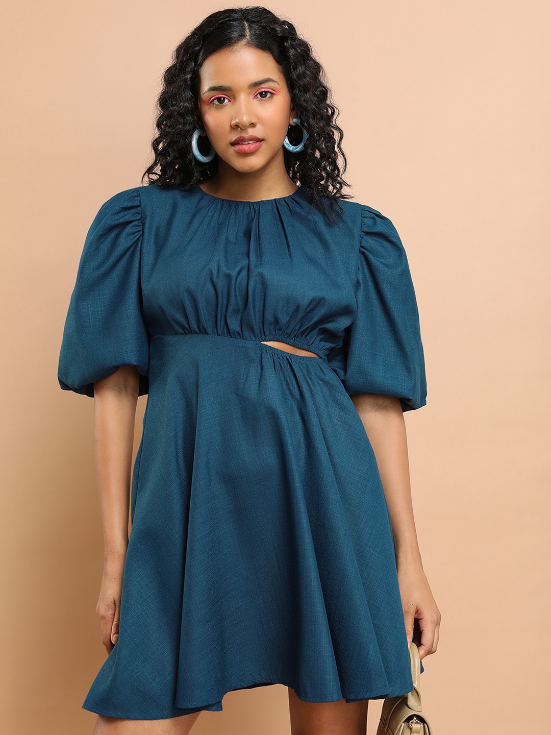 

Tokyo Talkies Teal Round Neck Puff Sleeve Cut-Outs A-Line Dress