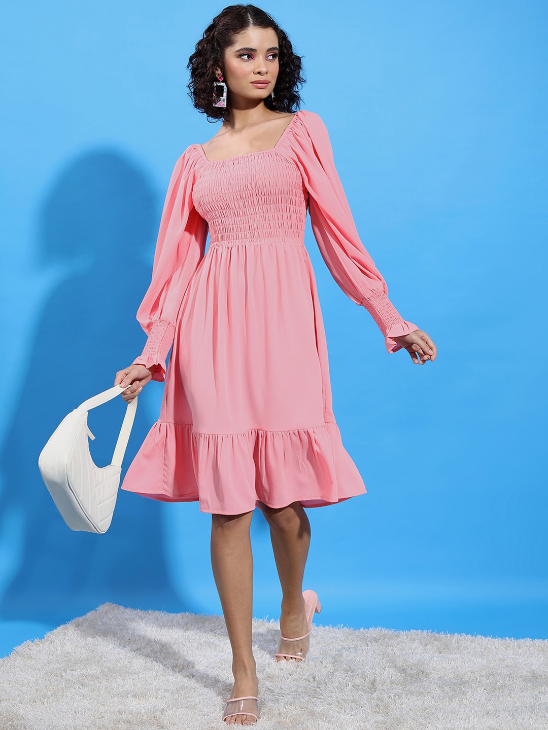 

Tokyo Talkies Pink Square Neck Puff Sleeve Smocked Tiered A-Line Dress