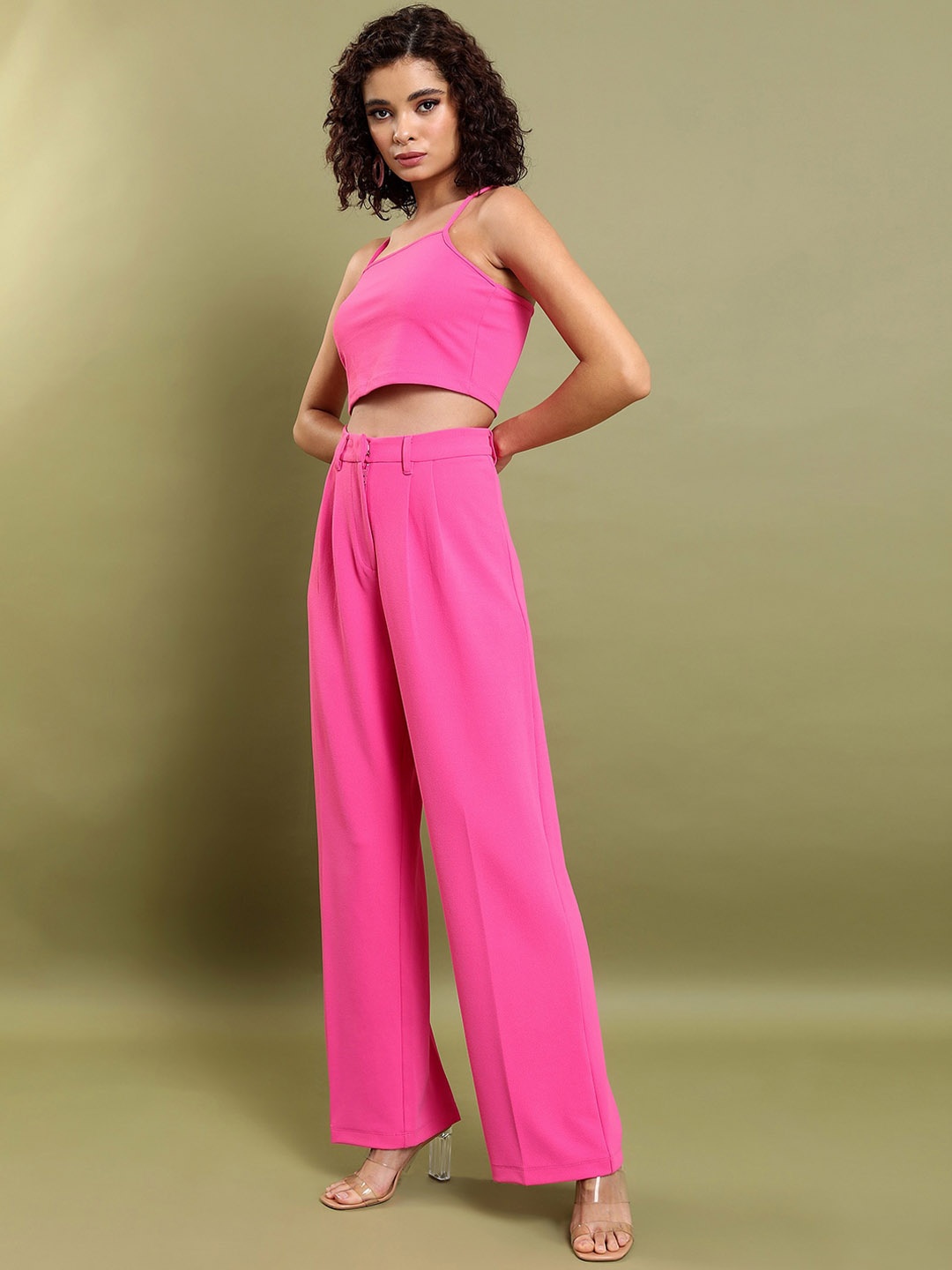 

Tokyo Talkies Sleeveless Tie-Back Crop Top With Trousers, Pink