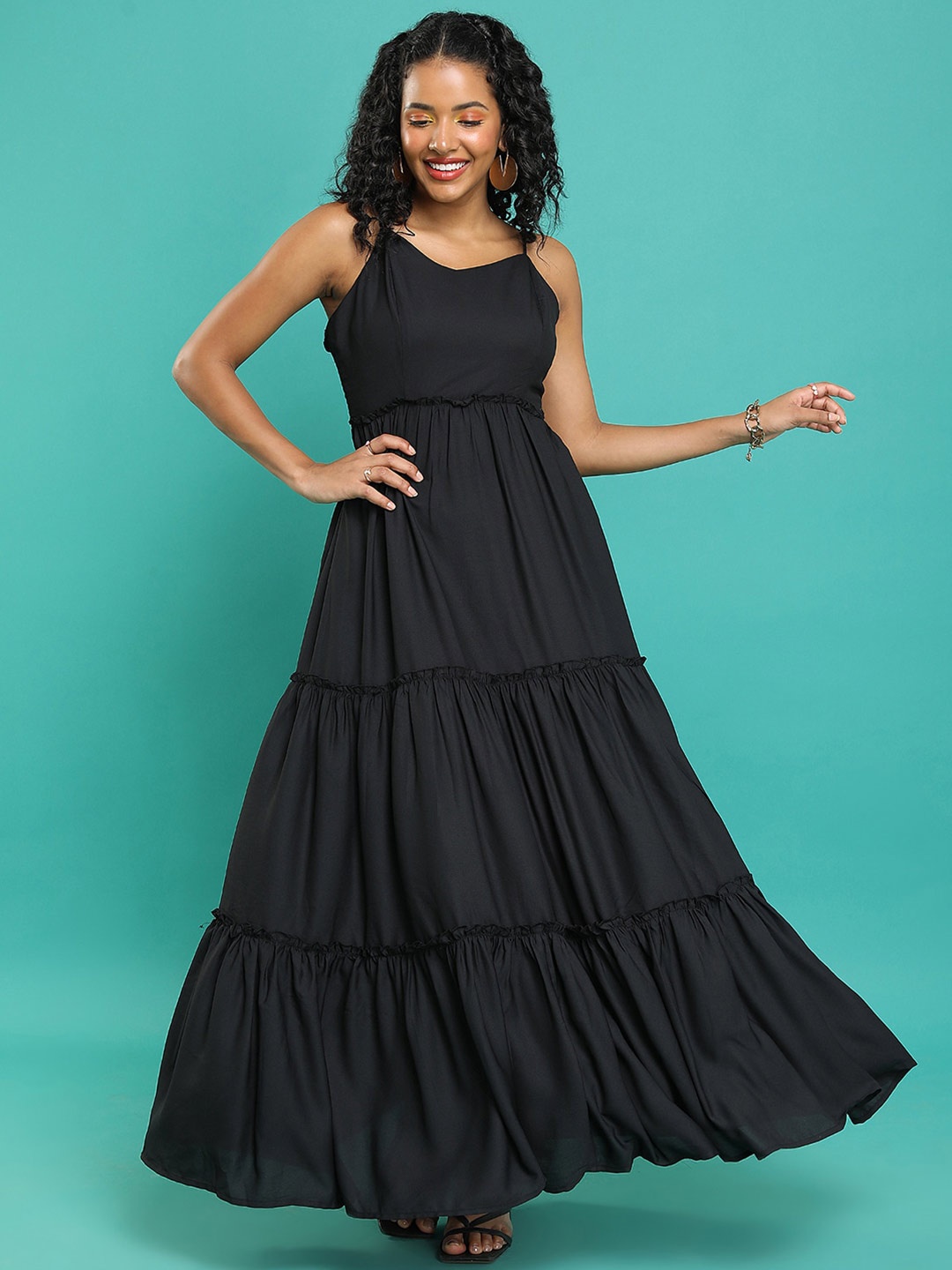 

Tokyo Talkies Shoulder Strap Tiered Gathered Maxi Dress, Black
