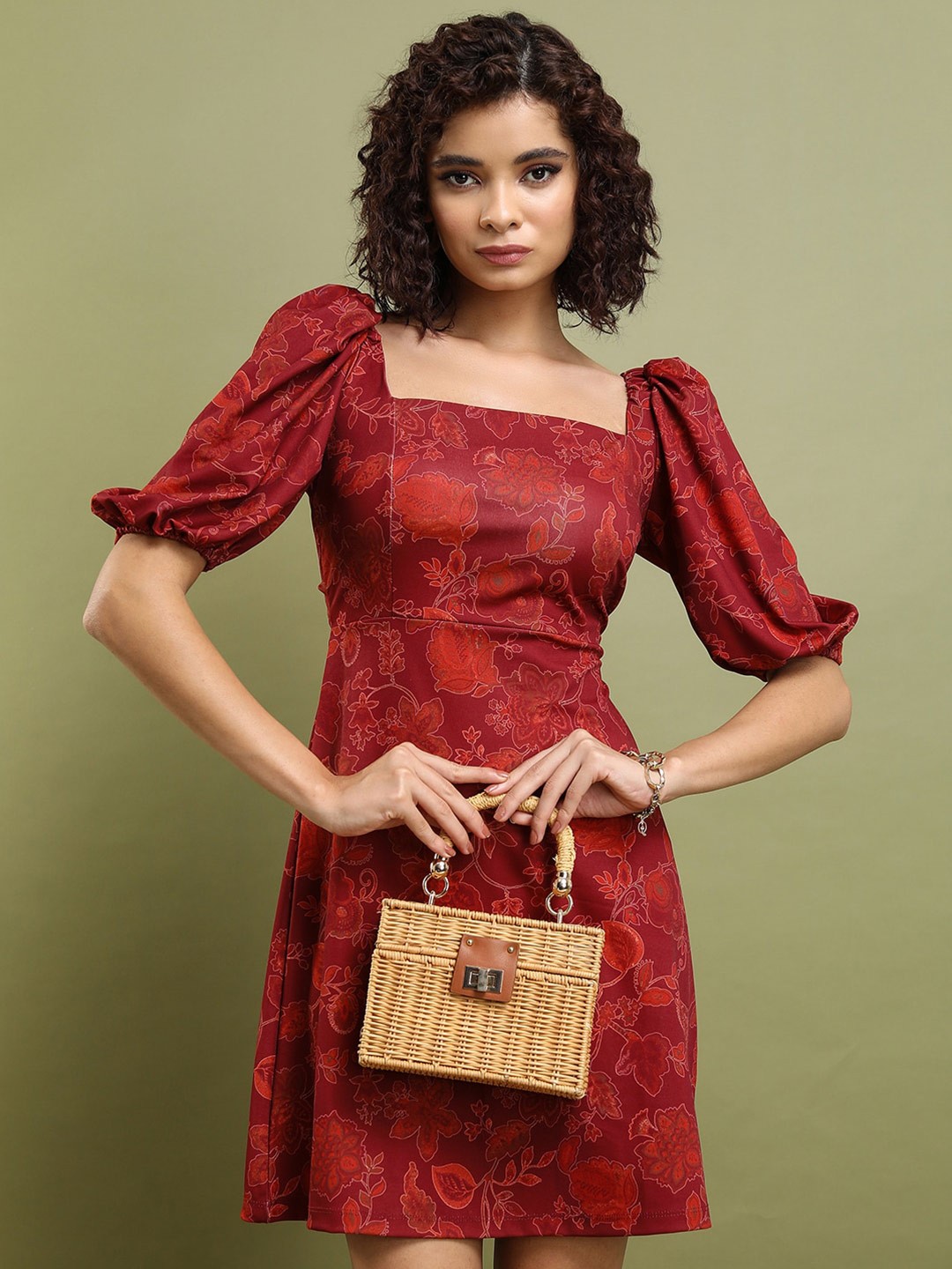 

Tokyo Talkies Maroon Floral Printed Puff Sleeves A-Line Dress