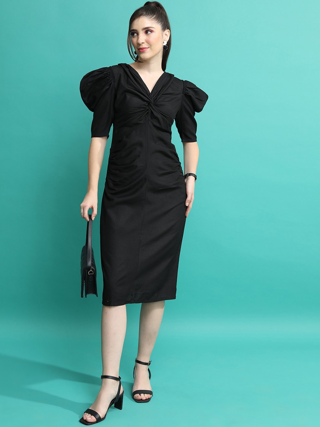 

Tokyo Talkies Puff Sleeves Sheath Dress, Black