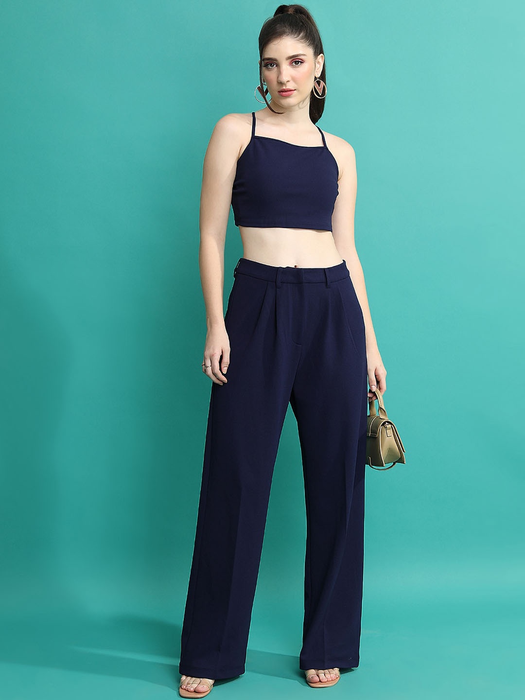 

Tokyo Talkies Sleeveless Crop Top With Trousers, Navy blue
