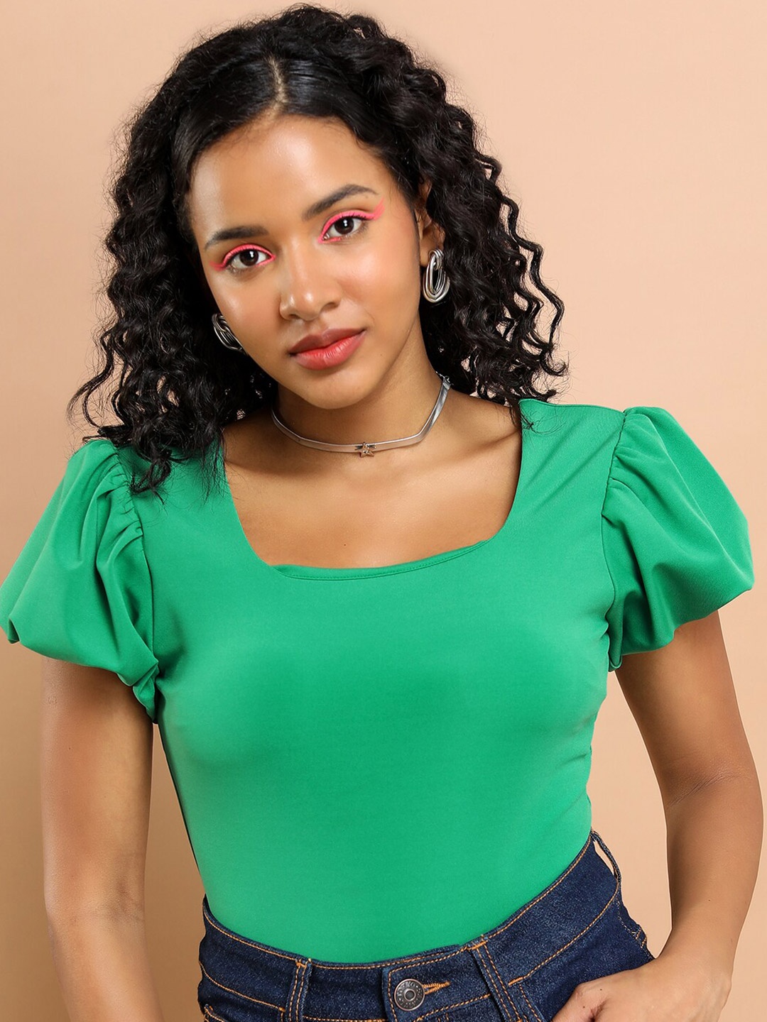 

Tokyo Talkies Puff Sleeves Regular Top, Green