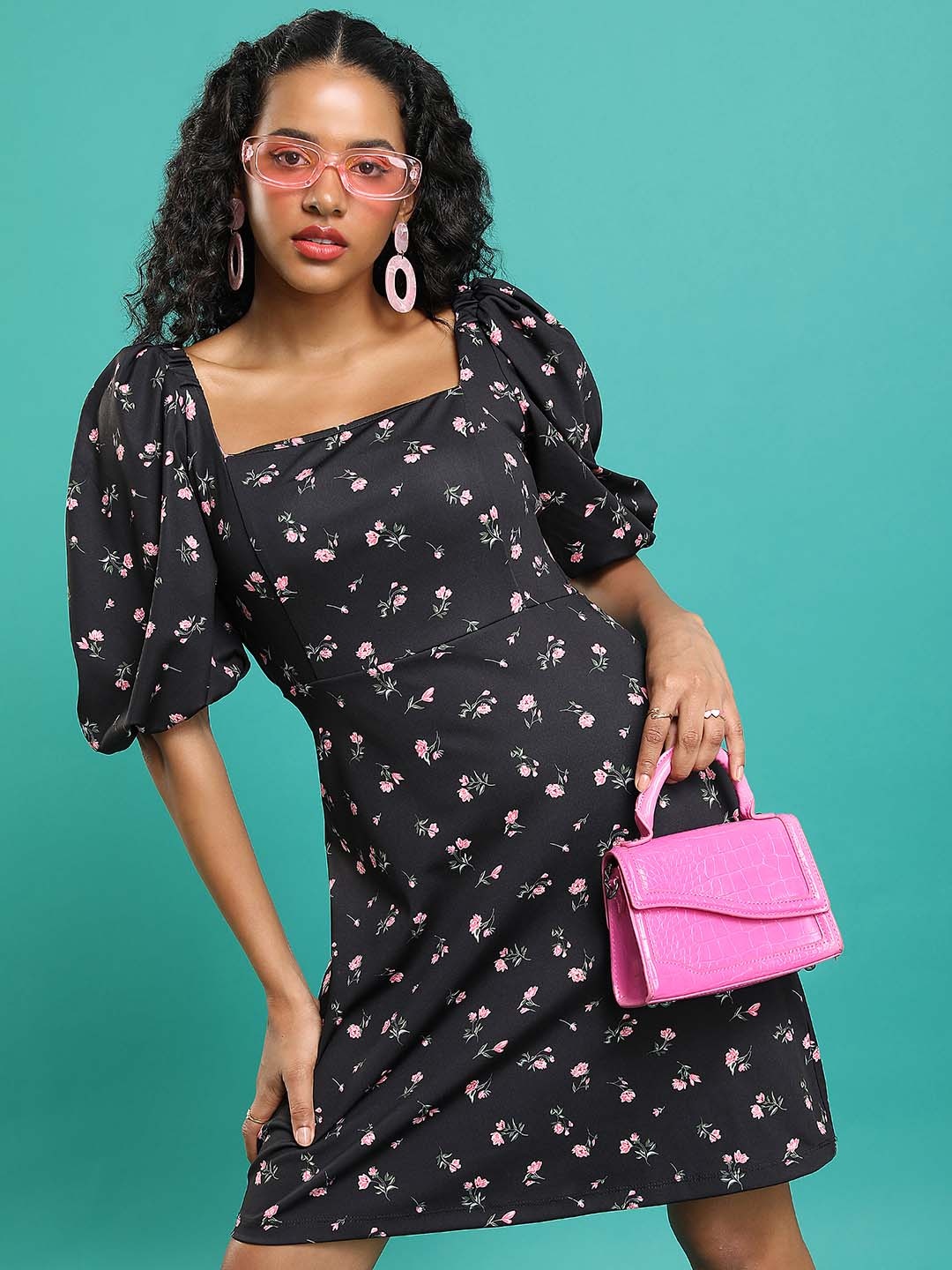 

Tokyo Talkies Floral Printed Square Neck Puff Sleeves Fit & Flare Dress, Black