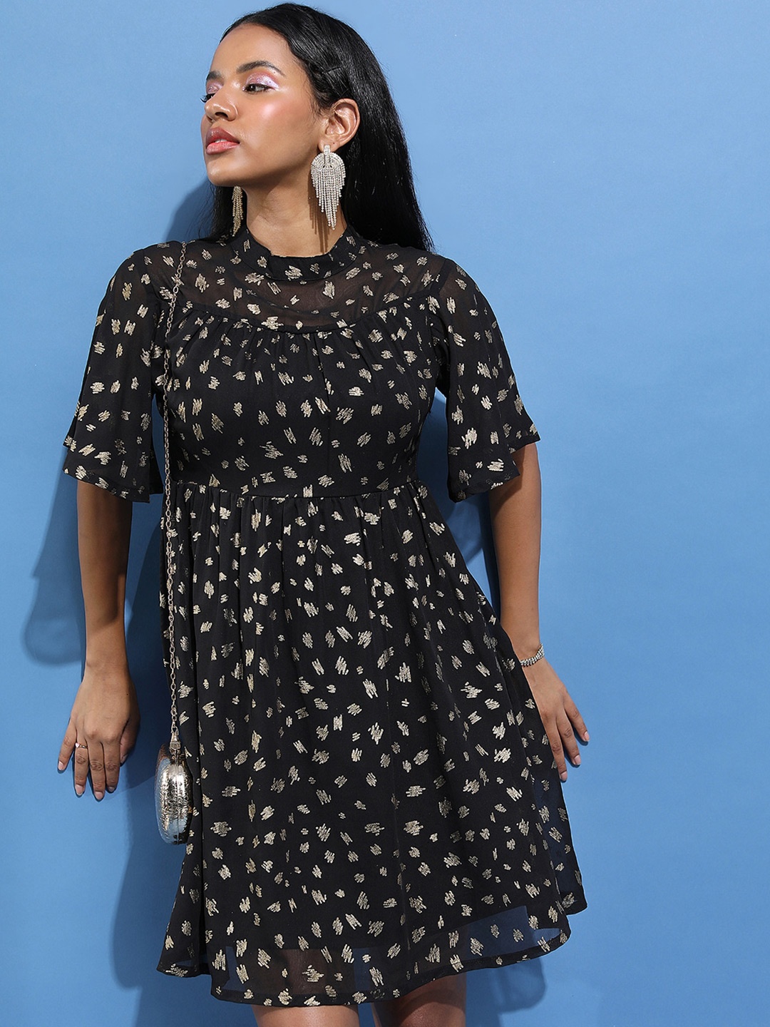 

Tokyo Talkies Floral Printed Flared Sleeves Fit & Flare Dress, Black