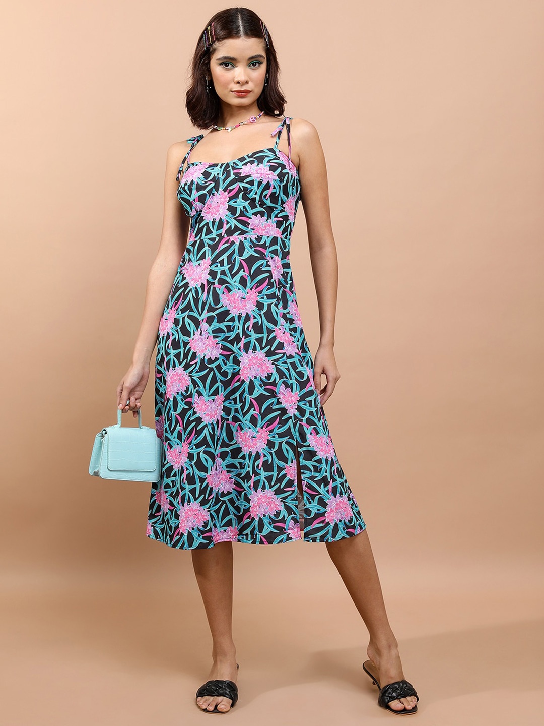 

Tokyo Talkies Floral Printed Sleeveless Fit & Flare Midi Dress, Navy blue