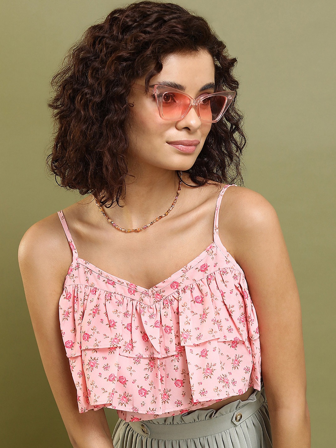 

Tokyo Talkies Pink Floral Printed Ruffled Crop Top