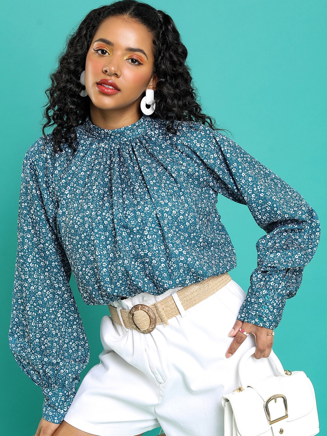 

Tokyo Talkies Teal Blue Floral Printed Gathered or Pleated Blouson Crop Top