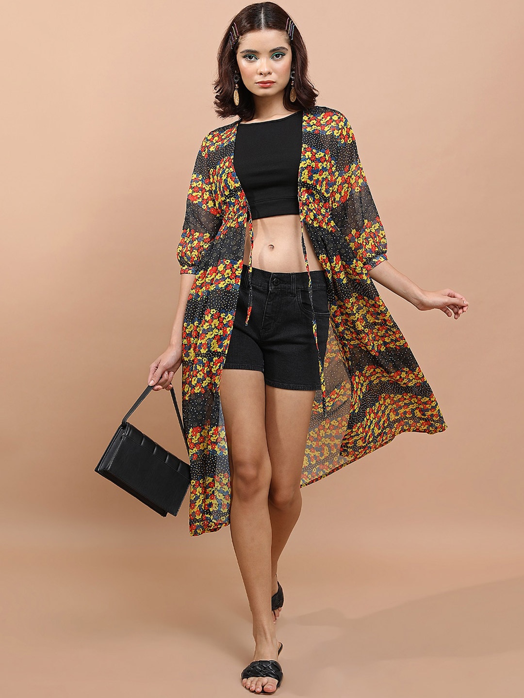 

KETCH Ethnic Motifs Printed Longline Tie Up Shrug, Yellow