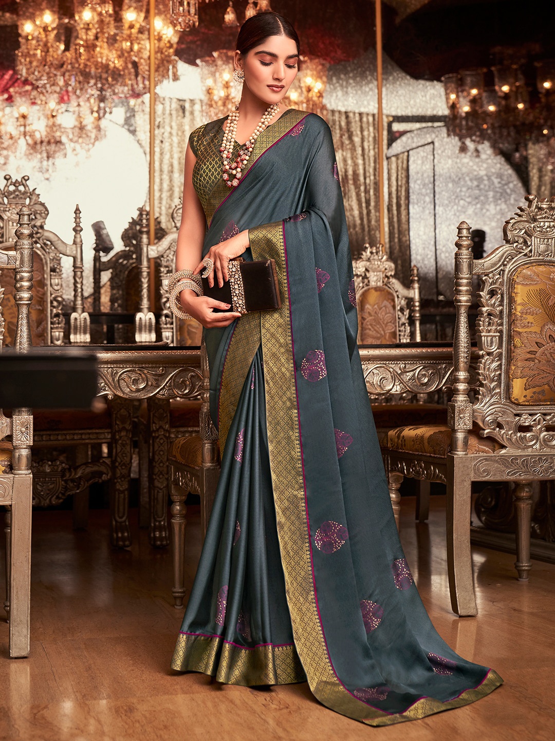 

SANSKAR Ethnic Motifs Foil Printed Zari Saree, Grey