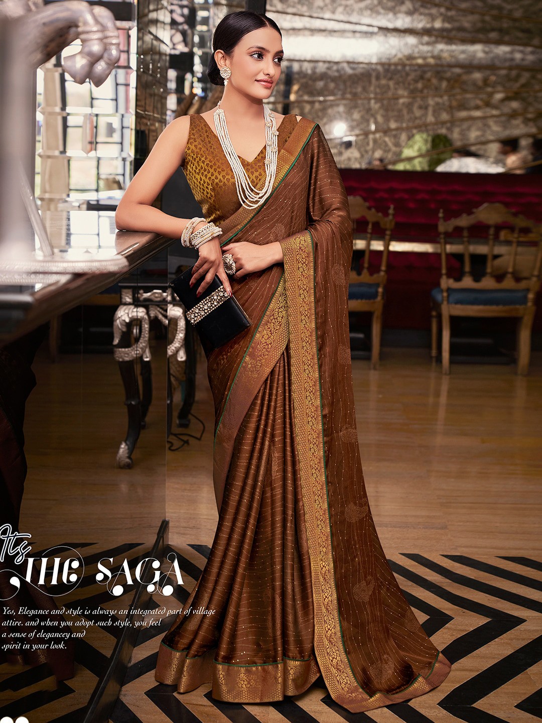 

SANSKAR Striped Sequinned Saree, Brown