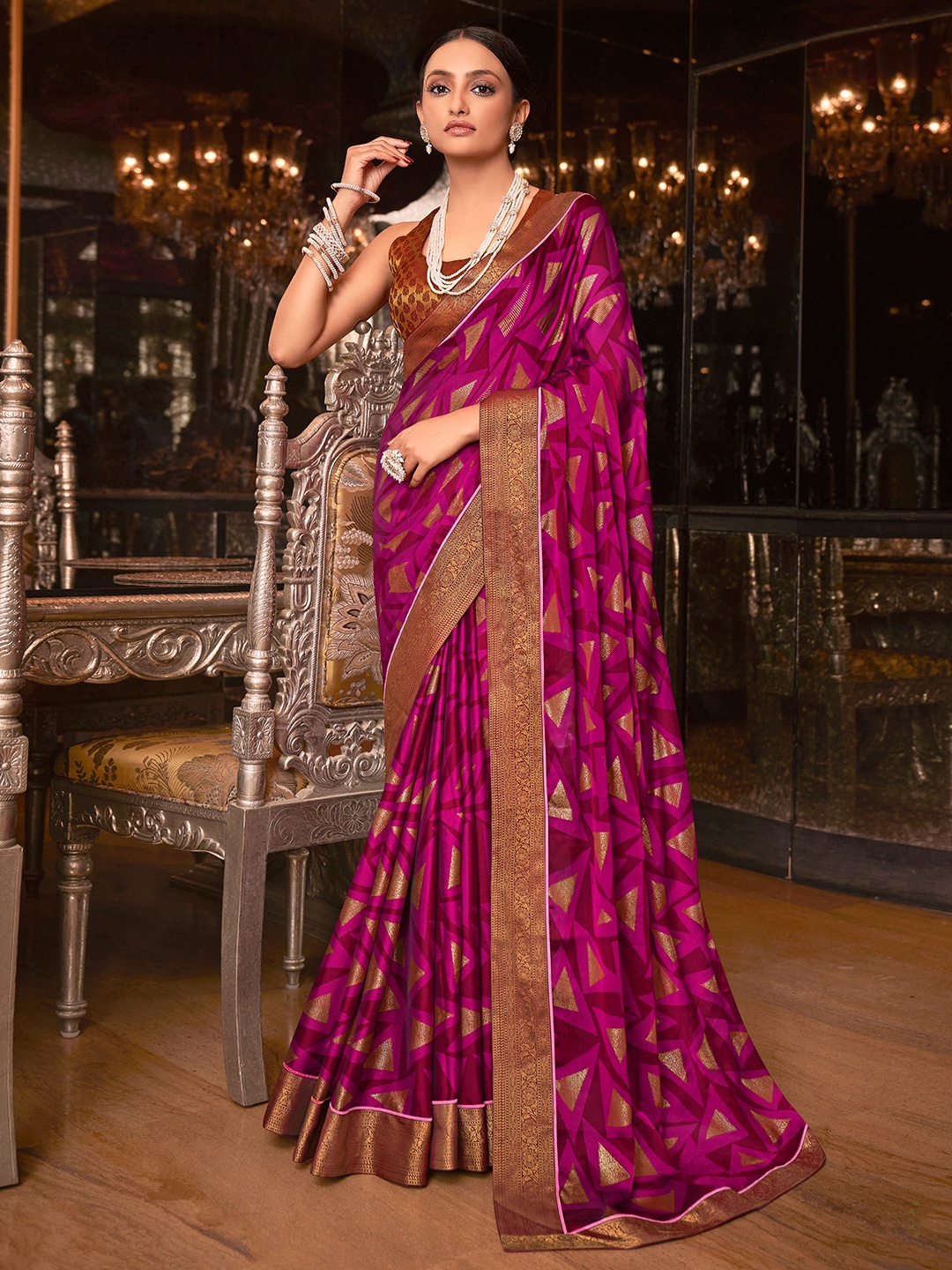 

SANSKAR Foil Printed Zari Saree, Pink
