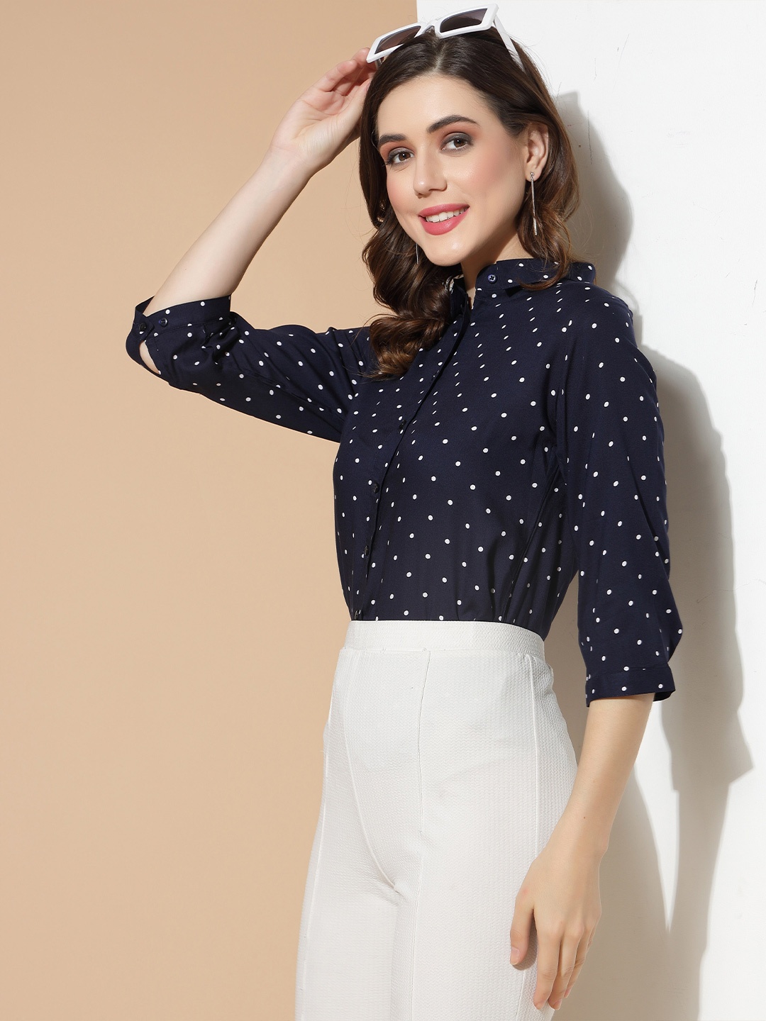 

DressBerry Polka Dots Printed Spread Collar Formal Shirt, Navy blue