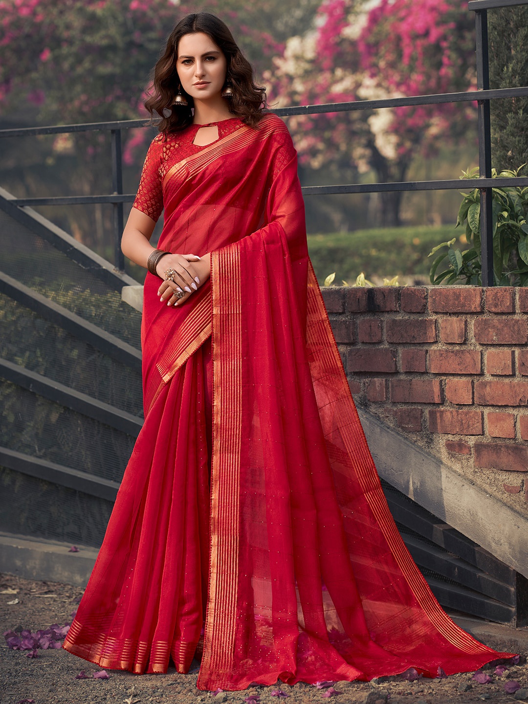 

SANSKAR Striped Zari Organza Saree, Red