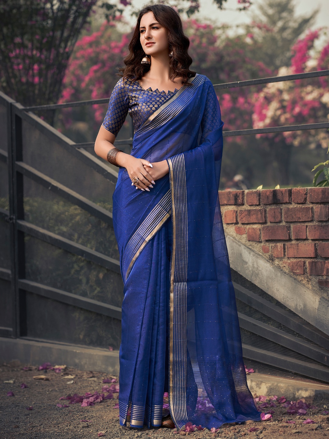 

SANSKAR Striped Zari Organza Saree, Blue