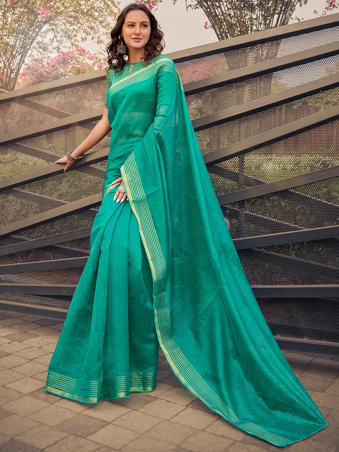 

SANSKAR Striped Zari Organza Saree, Green