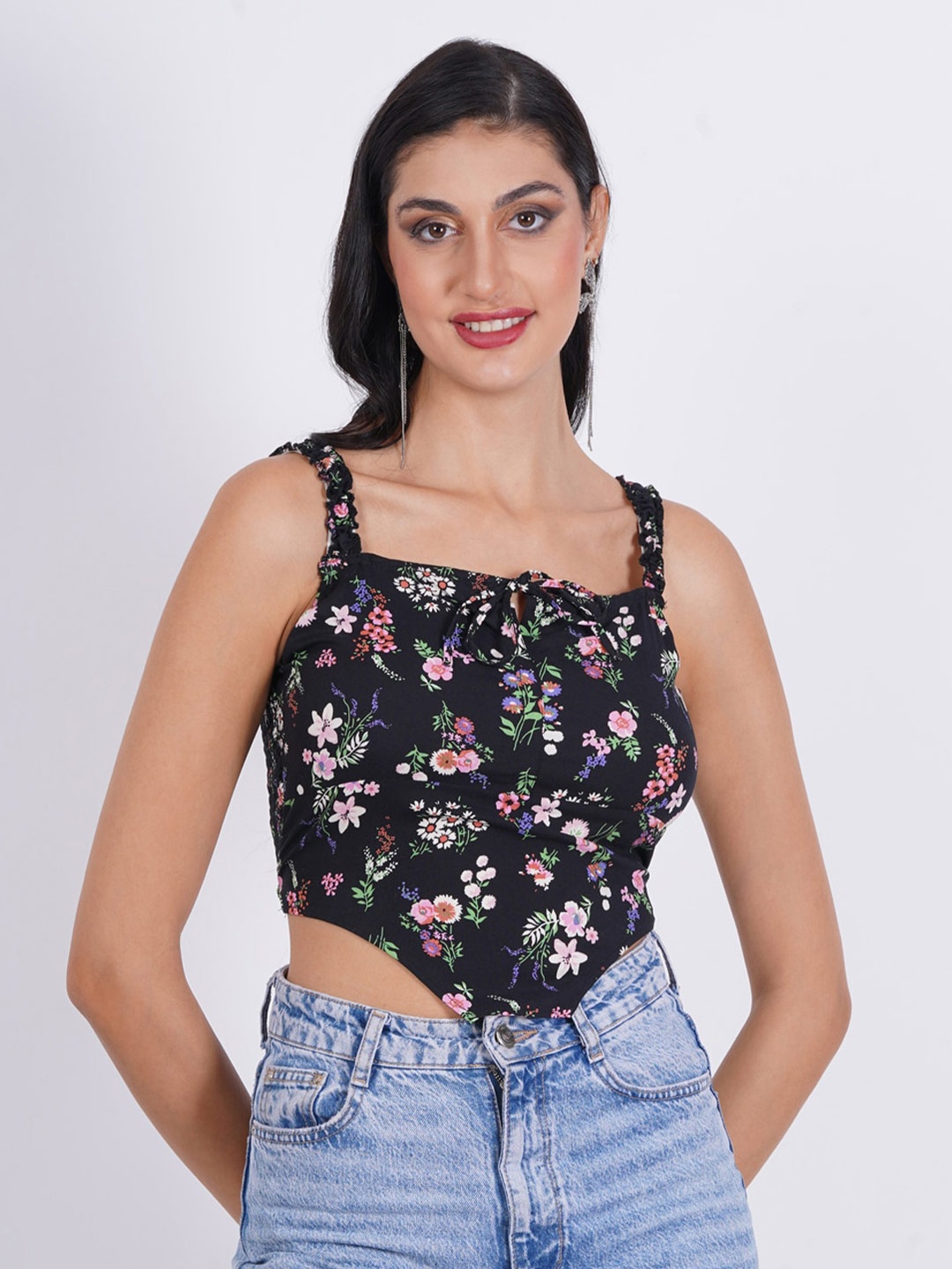 

SIGHTBOMB Floral Printed Shoulder Straps Cotton Crop Top, Black