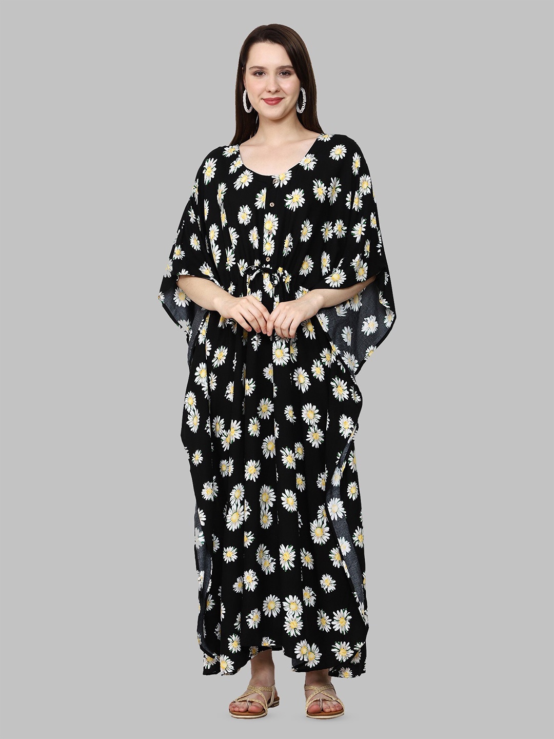 

CRAFTBAZAR Floral Printed Flared Sleeves Kaftan Maternity Dress, Black