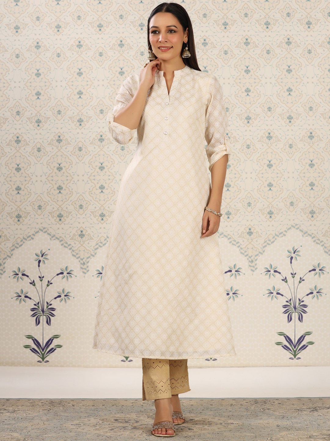 

House of Pataudi Ethnic Motifs Printed A-Line Kurta, Beige