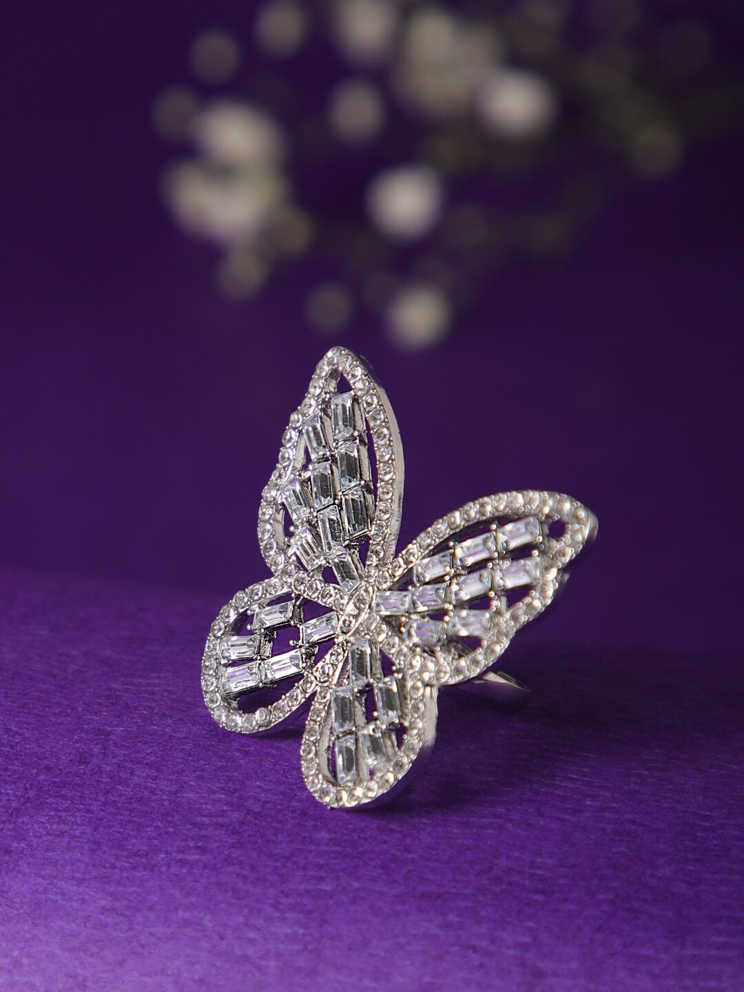 

Zeraki Jewels Copper-Plated CZ-Studded Adjustable Finger Ring, Silver
