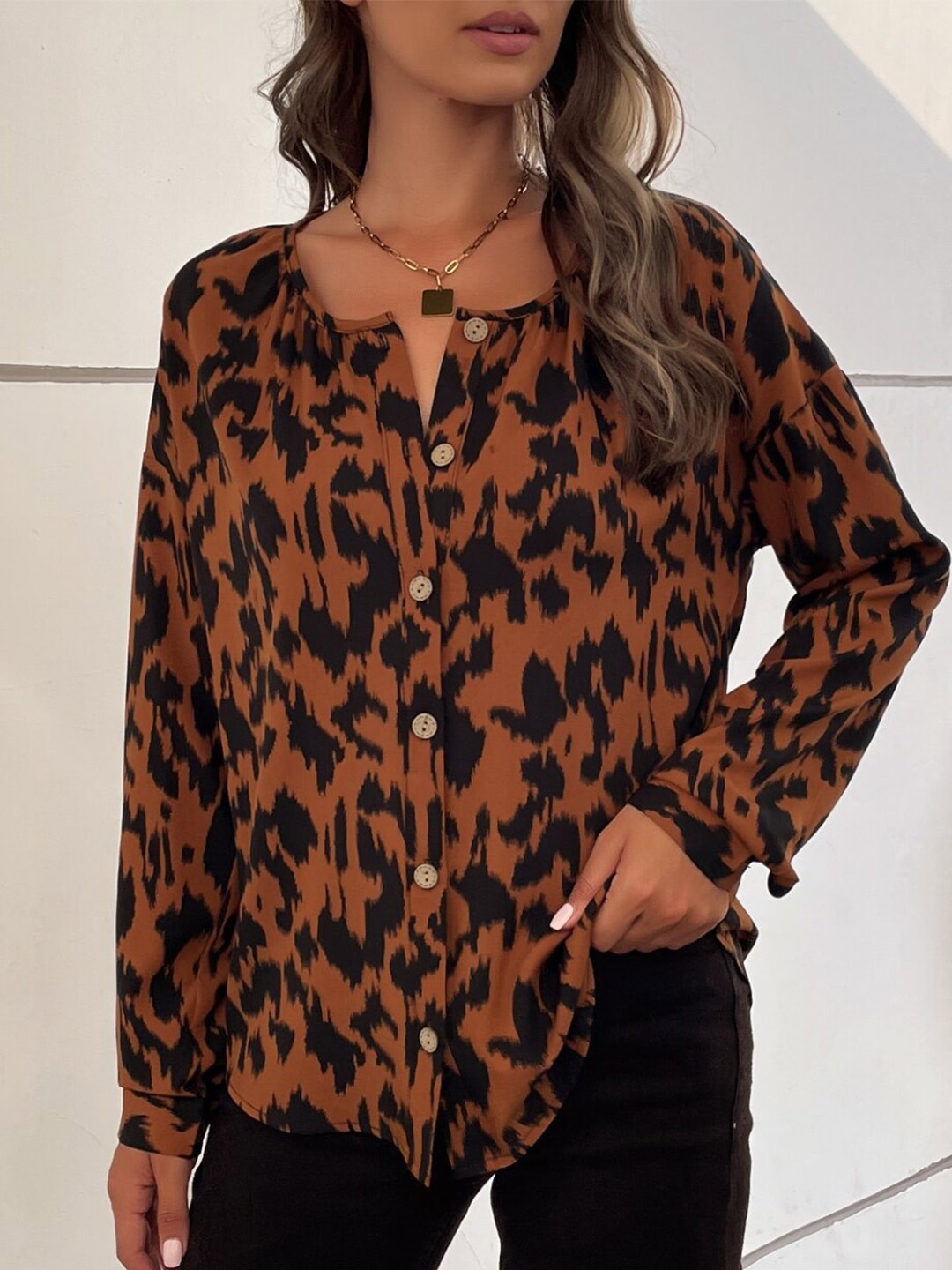 

StyleCast Animal Printed Shirt Style Top, Brown
